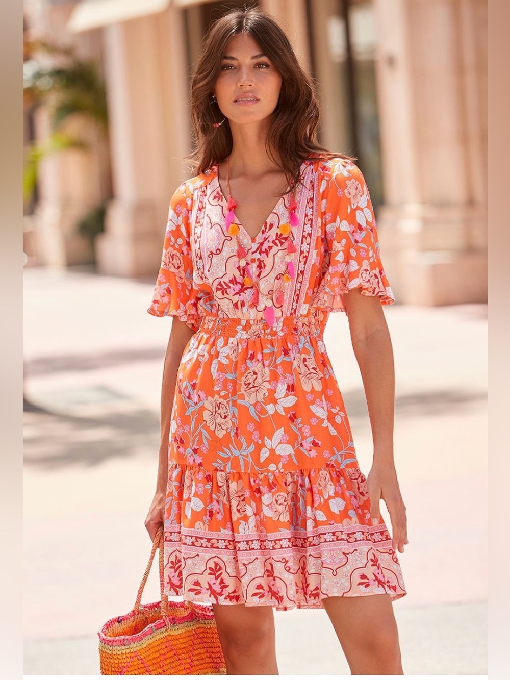 LASCANA 100% Viscose Orange Multi Floral Tiered Boho Summer Dress size 8